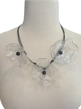 Upcycled Flower Statement Necklace Black Satin Cord Plastic Bottle Flowers